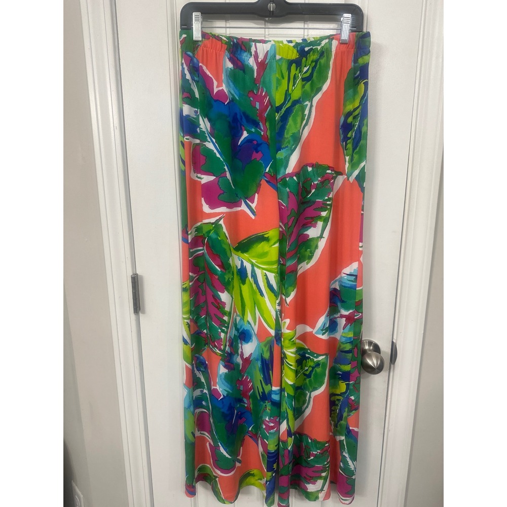 Chicos Tropical Leaf Print Wide Leg Pants Coral Green Floral Size 1 Medium 8 10